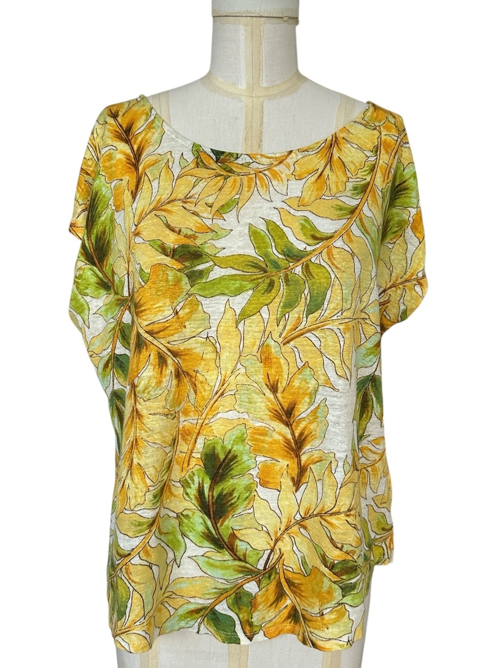 Tahari Women’s Yellow & Green Leaf Print Knit Linen Top Cap Sleeve Beach Size XL